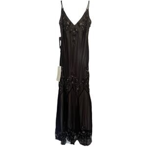 Adrianna Papell Black Beaded Fairy Midi Dress Sz 2 Y2K Whimsygoth Mermaid Sheer